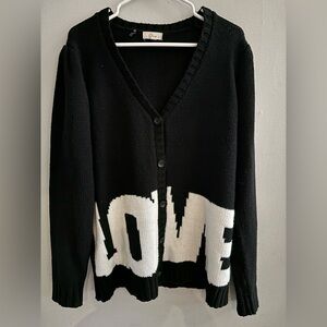 Anthropologie Elan Knitted Long "Love" Cardigan Black & White Oversized Chunky L